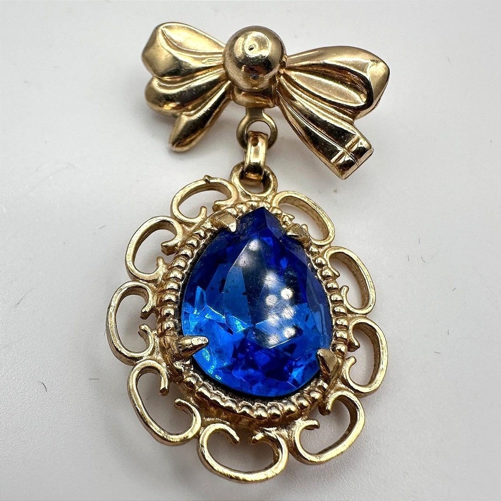 Vintage 90s Gold Tone Blue Pear Glass Bow Dangle Brooch Pin Fashion Jewelry
